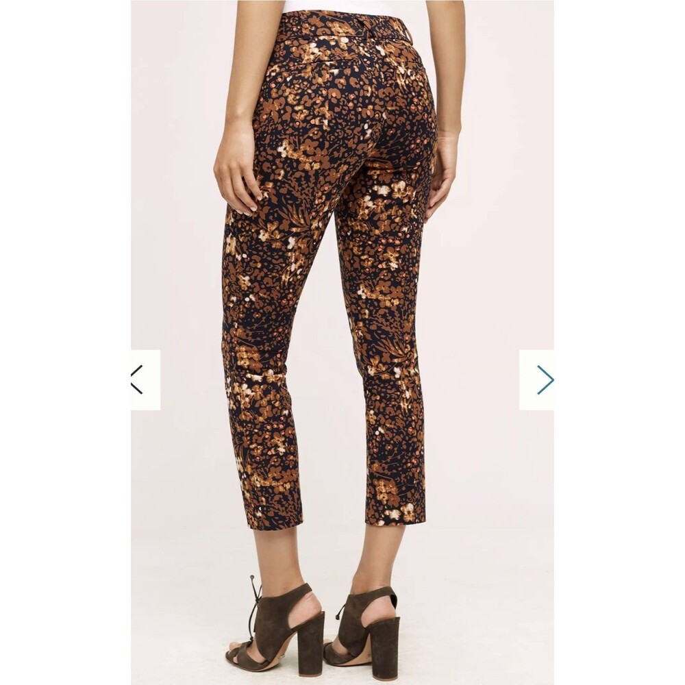 Anthropologie The Essential Slim Autumn Floral Ankle Pants Faux Leather Trim Sz8